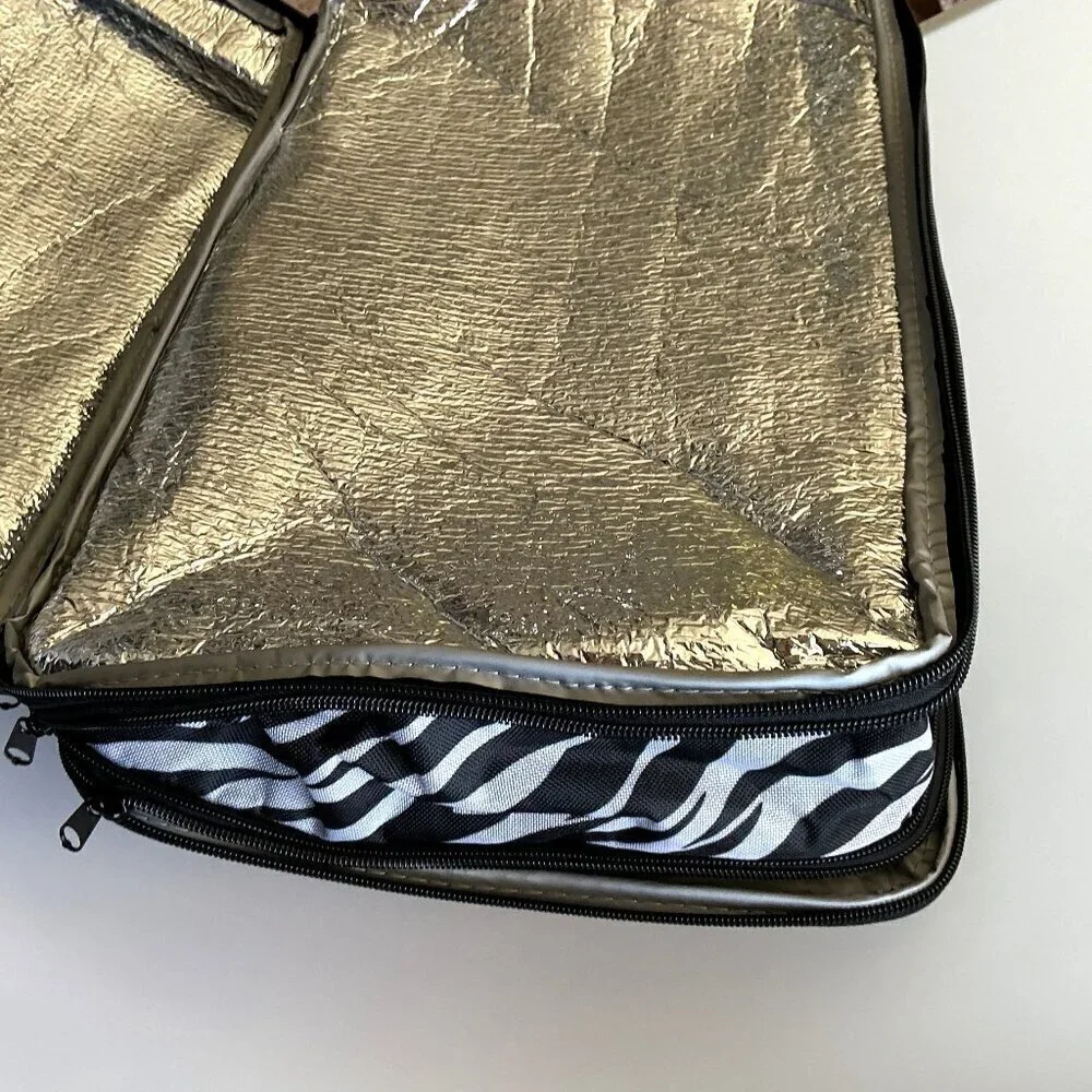 DOUBLE DECKER INSULATED FOOD AND BEVERAGE CARRY BAG ZEBRA PRINT PICNIC, TAILGATE